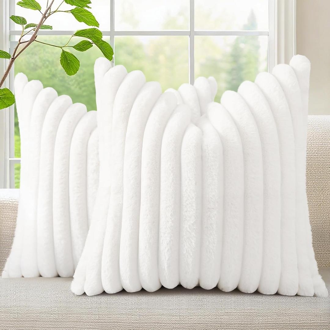 decorUhome Summer Cozy Faux Fur Throw Pillow Covers 22x22 Set of 2 Decorative Soft Plush Striped Modern Farmhouse Boho Couch Euro Sham Pillow Cases with Velvet Back for Sofa Bed Living Room, White