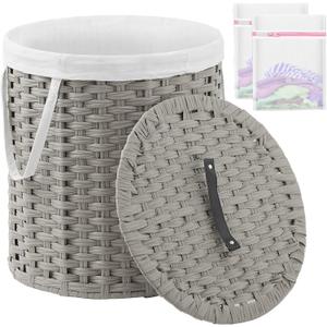 Laundry Hamper with Lid Wicker Laundry Hamper Round 26.5 Gal (100 L) Laundry Basket Handwoven Rattan Laundry Basket with Removable Bag Handles 2 Mesh Bags for Living Room Bedroom Gray (26.5 Gal - 100L)