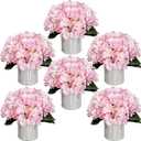 Flower Table Centerpieces - Set of 6 Floral Arrangement Artificial Wedding Hydrangeas Floral Arrangement with Rustic Metal Vase for Bridal Tea Party Event Decorations - Pink