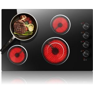 30 Inch Electric Cooktop 4 Burners with Knob Control,6700W Built-in Radiant Electric Cooktop, 9 Power Levels, Hot Warning, 220V Hard Wire(No Plug)