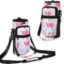 Nuovoware Water Bottle Carrier Bag,25oz/40oz/64oz Bottle Pouch Holder,Adjustable Shoulder Hand Strap 2 Pocket Sling Neoprene Sleeve Sports Accessories for Hiking Travelling Camping (Floral Pink)
