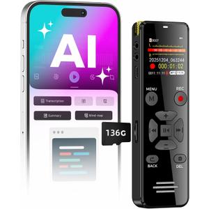 AI Digital Voice Recorder 136GB: AI Transcribe & Summarize Voice Activated Recorder with Playback | OTG - Portable Tape Recorder for Meeting & Lectures