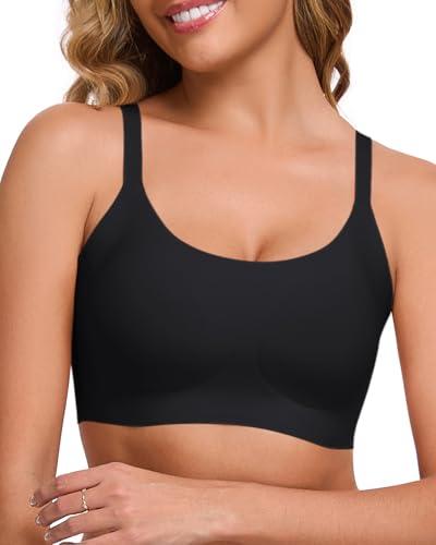 Ubras Seamless Bras Spaghetti Strap Pull On Bralette for Women Wireless Comfortable Breathable Smooth Everyday Sleep Bras Black S