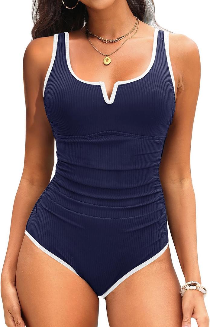 Tempt Me Womens One Piece Swimsuit - Tummy Control Bathing Suit V Wired Ribbed Full Coverage 2026 Swimwear (Large, Navy Blue and White)