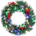 Christmas Wreath, 18in Outdoor Lighted Wreaths for Christmas, Front Door Christmas Wreaths with 30 LED, Pre-Lit Battery Powered Christmas Door Decorations with Pine Cones, Berry Clusters