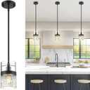 LMS 5 Inch Dia Black Pendant Light, Modern Hanging Lamp for Kitchen Island with Adjustable Rod, Medium Linear Light Fixtures with Hammered Glass, LMS-171PL-BKM