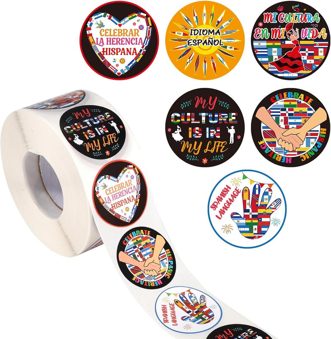 3 x 1000pcs Hispanic Heritage Month Stickers Roll, Spanish Speaking Countries Flags & Dance Patterns Latino Hispanic Decal for Teachers Students Spanish History Month Decoration Supplies