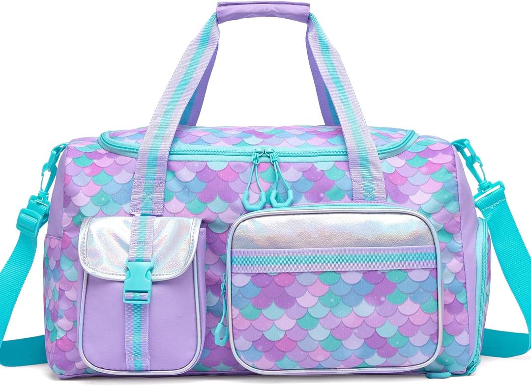 Mermaid Kids Duffle Bag Girls Gym Bag for Girls Kids Travel Dance Bags for Girl Overnight Weekender Bags for Kid with Shoe Compartment (Love Purple Mermaid Blue)
