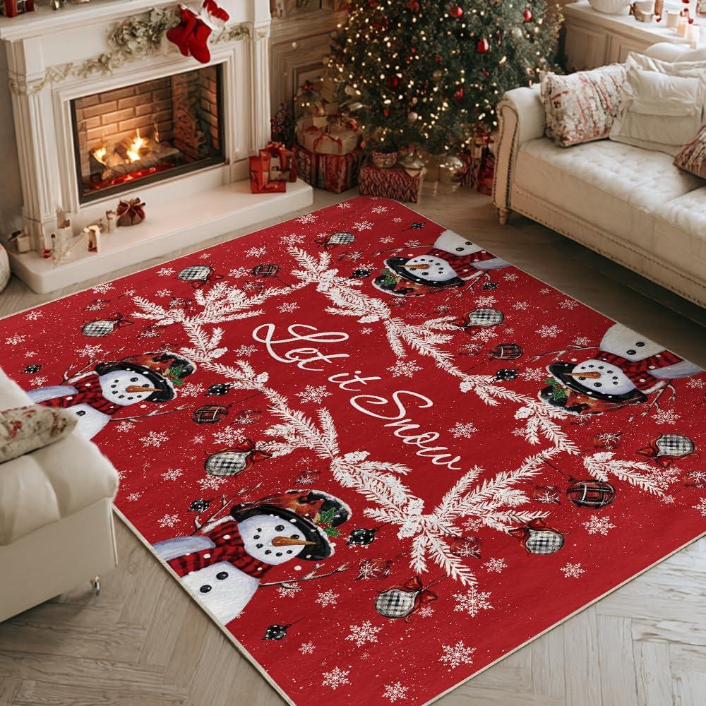 Artoid Mode Red Snowman Let It Snow Ball Christmas Area Rug, Xmas Winter Home Decor Low-Profile Washable Area Rugs for Entryway Bedroom Living Room Laundry Room Indoor 5x7 Feet