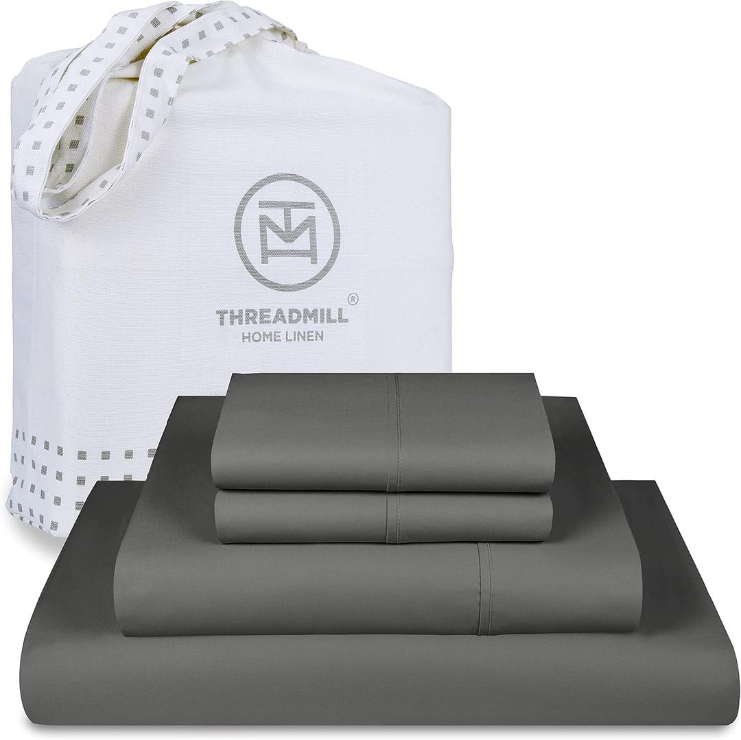 Threadmill 100% Cotton Sheets for Queen Size Bed - 600 Thread Count Queen Bed Sheets Set with 16 Deep Pocket - Sateen Weave 4-Piece Bedding Set with Cooling Effect, Dark Grey