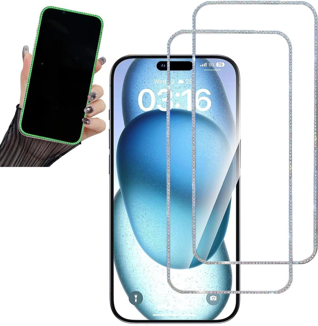 2PCS Glitter Screen Protector Suit for iPhone 17/iPhone 17 Pro/iPhone 16 Pro,Diamond Bling Shiny Shine on Night Sparkling Tempered Glass Suit for iPhone 17/iPhone 17 Pro/iPhone16 Pro 6.3 Inch