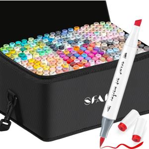 SFAIH Alcohol Markers Brush & Chisel - 216 Colors Double Tipped Art Markers for Adult Coloring Illustration, Gifts for Artist Adult - Adjustable Shoulder Strap & Faux Leather Lining & Outer Zip Pocket