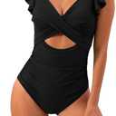 B2prity Women's One Piece Swimsuit Ruffle Cutout Bathing Suits Slimming Tummy Control V Neck Wrap Swimwear (Medium, Black)