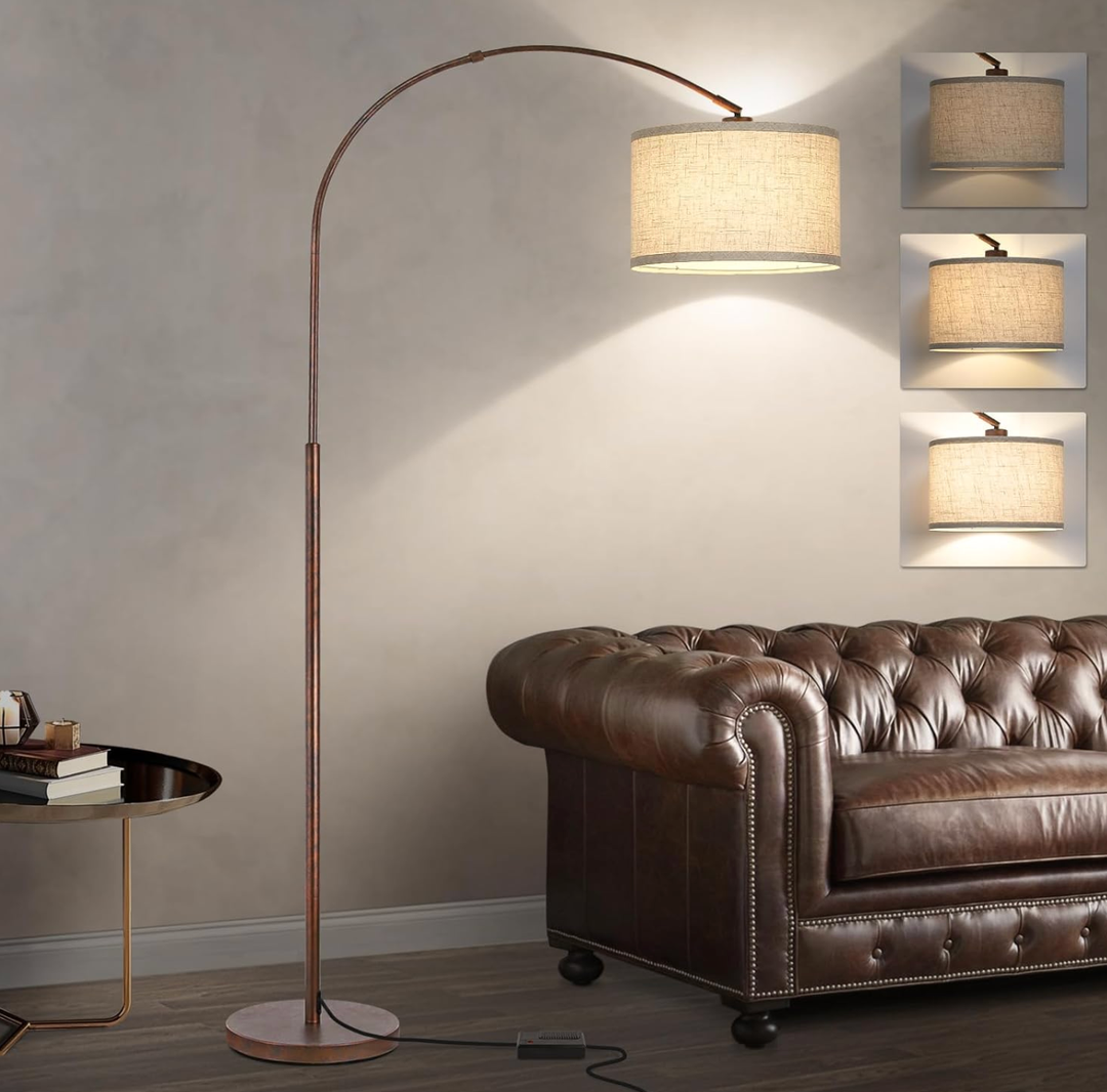 Dimmable Arc Floor Lamps for Living Room, Mid Century Floor Lamp, Antique Bronze Standing Lamp with Adjustable Hanging Shade, Tall Pole Lamp Reading Light for Bedroom, Over Couch, 9W LED Bulb Included
