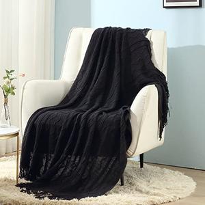 CREVENT Knitted Decorative Throw Blanket for Couch Sofa Chair Bed，Soft Warm Cozy Light Weight for Spring Summer (50''X60'' Black)