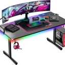 GTRACING Gaming Desk 55 Inch with LED Lights, Large Computer Desk with Mouse Pad for Home Office, T-Shaped Carbon Fibre Surface PC Game Workstations with Headphone Hook, Black