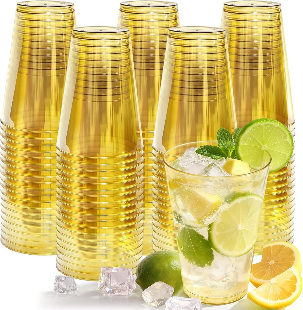 100 Pack Plastic Cups Disposable 12 oz Gold Clear Plastic Cups for Cocktail Party Wine Stemless Drinking Glasses for Birthday Wedding Graduation