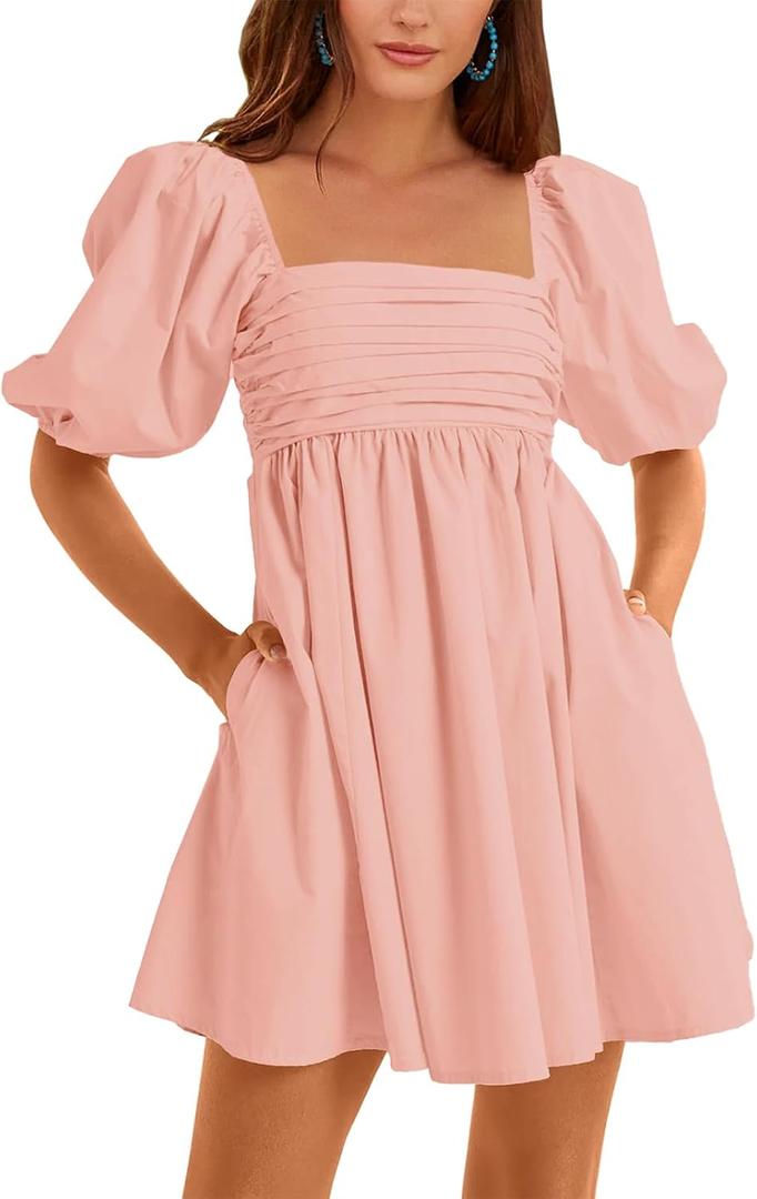 Ebifin Womens Square Neck Dresses Half Puff Sleeve High Waist A-Line Casual Backless Smocked Short Babydoll Mini Dress (Pink, L)