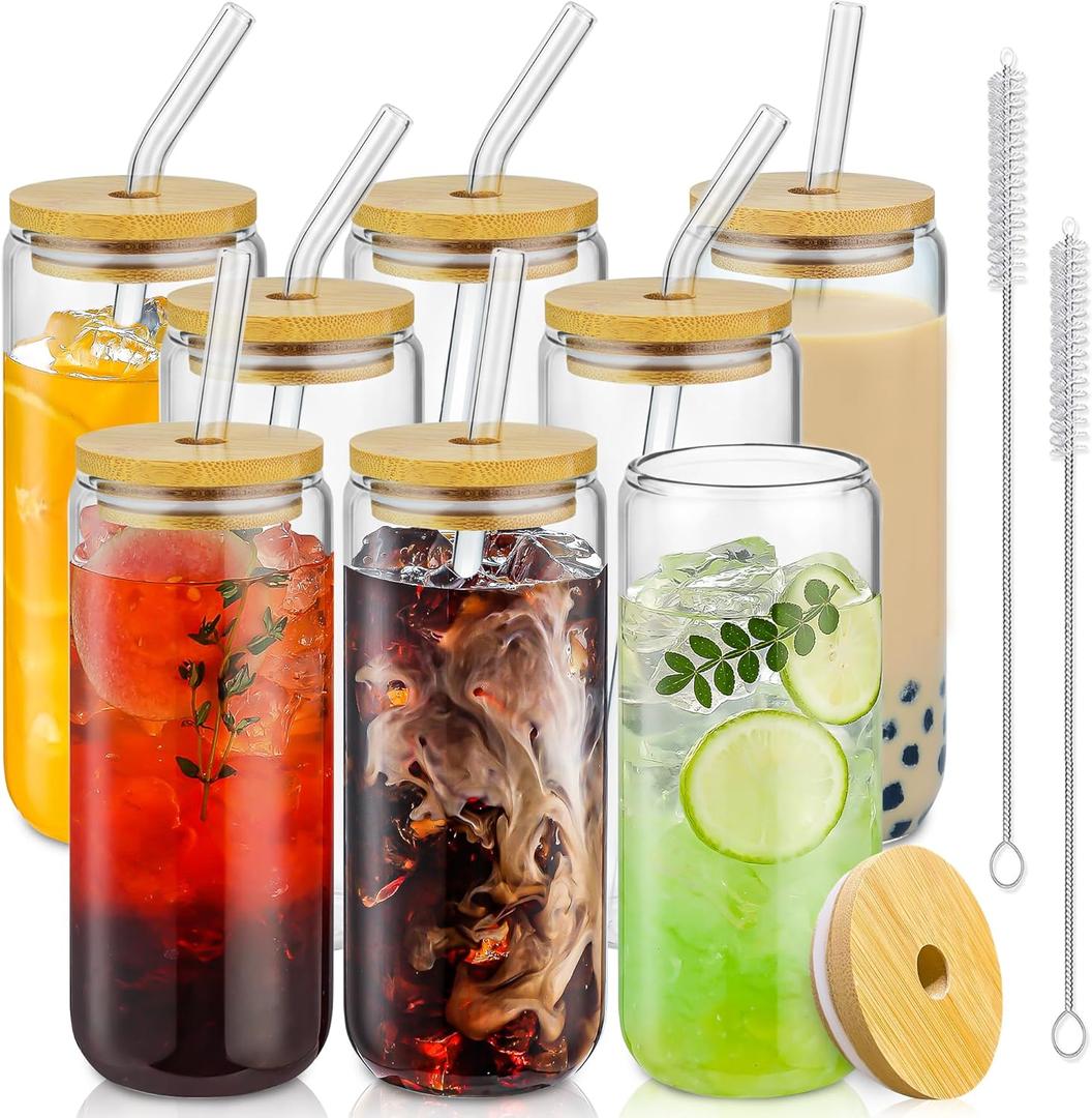 20 Oz Drinking Glasses with Bamboo Lids and Glass Straw - 8 Pcs Glass Cups Beer Ice Coffee Glasses Cute Aesthetic Cup Great for Coffee Bar Accessories Include 2 Cleaning Brushes