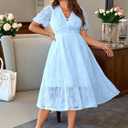 EYWOL Plus Size Wedding Guest Dress: Cocktail Dresses for Women - Brunch Dress with Sleeves - A Line Elegant Party Prom Blue (Blue, XXL)