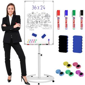 Nicpro Mobile Whiteboard 36"x 24" Magnetic Dry Erase Board, Height Adjustable Standing Easel With 5 Wheels, Flipchart Hooks, Rolling for Office Home or Classroom Teaching