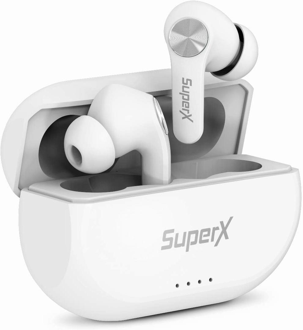 SuperX Bluetooth 5.0 Wireless Earbuds with Charging Case IPX5 Sweatproof Headset/Headphones in Ear Built in Mic Industrial Leading TWS Sound with Sport Pumping Bass - Platinum Silver 
