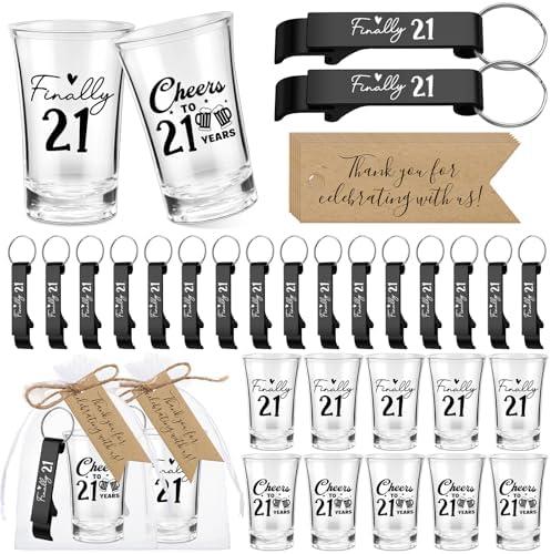 Kritkin 96 Pcs 24 Sets 21st Birthday Party Favors for Guests Finally Cheers to 21 Acrylic Shot Glasses 21th Bottle Opener Keychain with Thank You Tag Bag Birthday Souvenirs Party Supplies(Black)