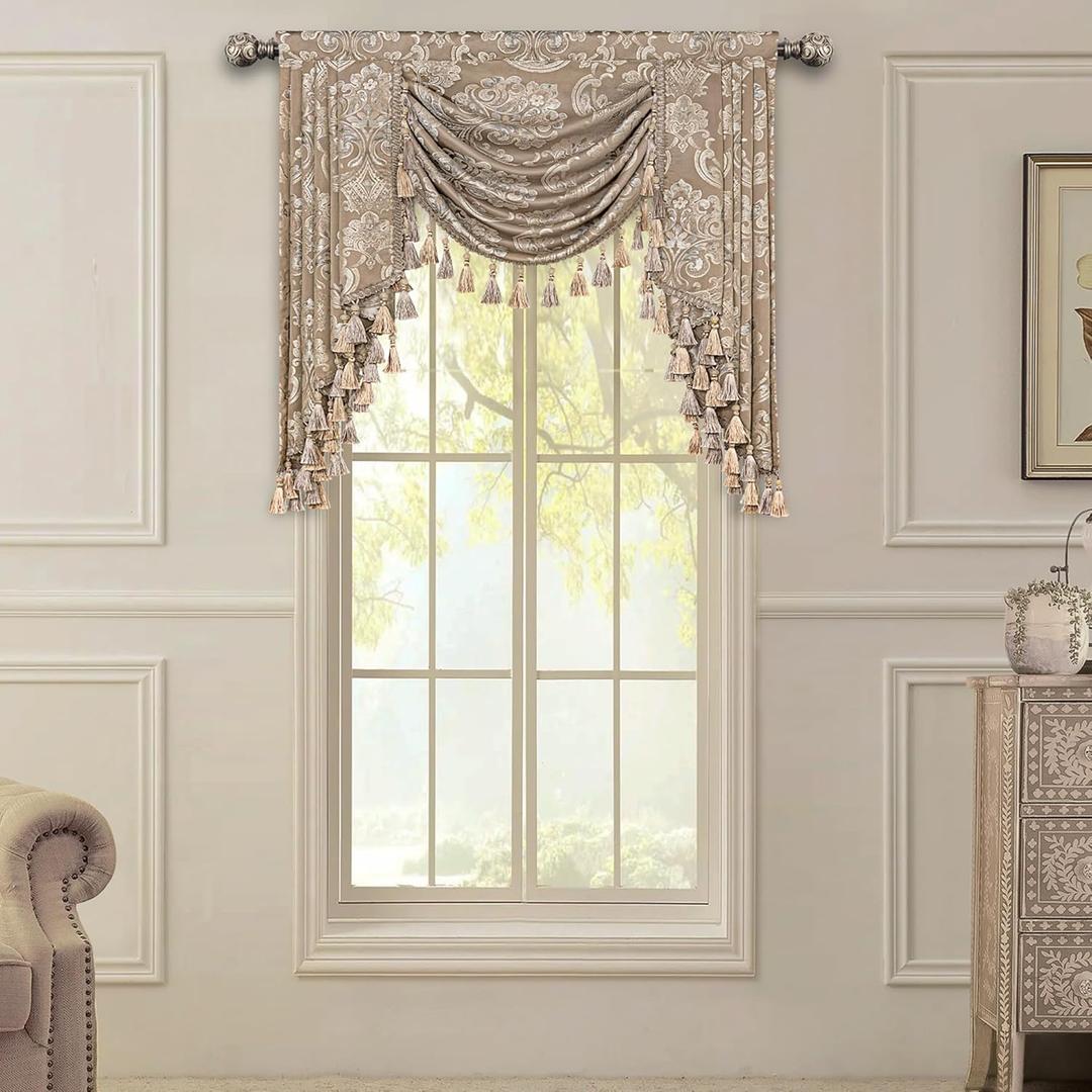 Loom and Mill Luxury Waterfall Valances for Windows, Elegant Jacquard Thick Swag Curtains Valance with Tassels for Living Room, Bedroom Party Banquet Decorations (Light Coffee, W39 Inch, 1 Panel)