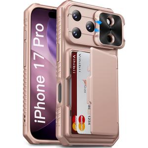 Vihibii for iPhone 17 Pro Case Wallet with Card Holder (4 Cards) [RFID Blocking] & Slide Camera Cover, Military Grade Drop Protection, Rugged Back & Silicone Edge Phone Case 6.3" 5G 2025, Rose Gold