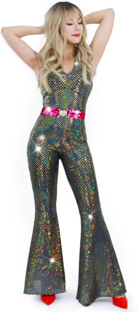 Nawgut Disco Outfit 70s 80s Prom Sparkle Flare Jumpsuit Party Costume Halloween Cosplay For Adult Women (Small, Black)