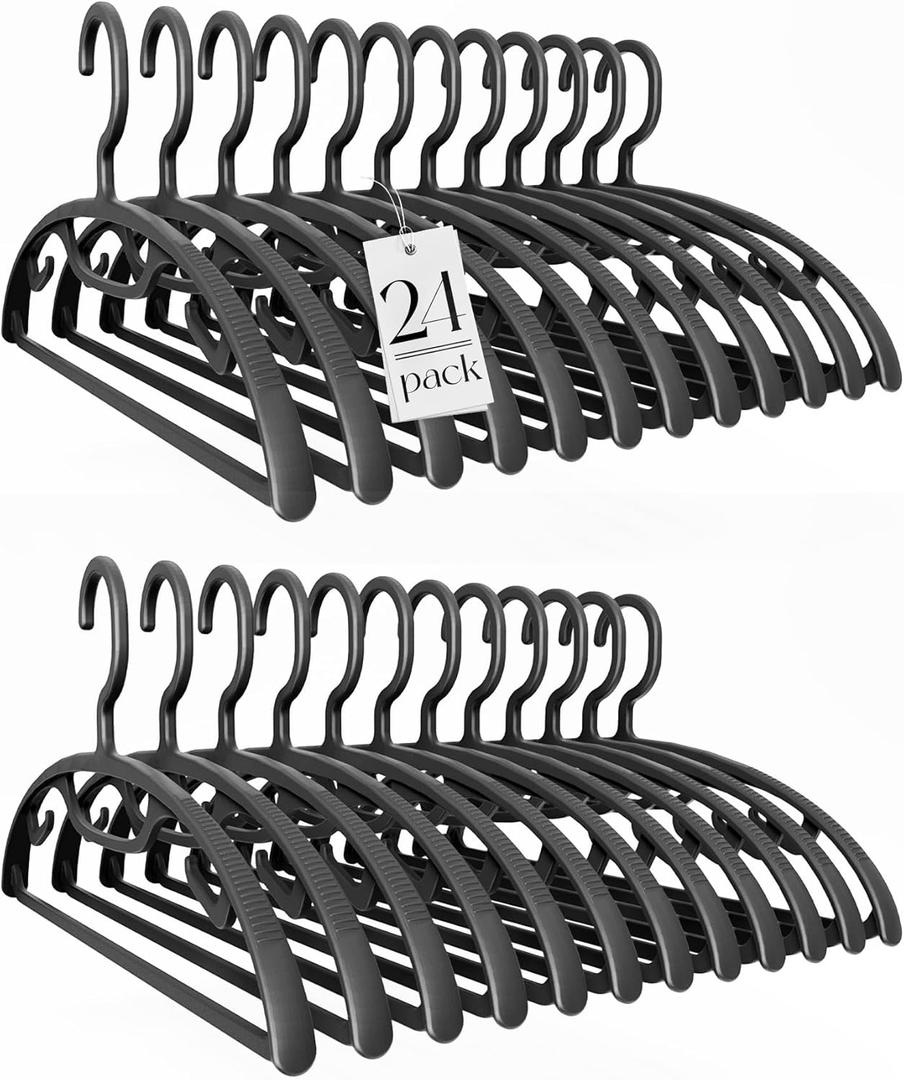 HOUSE DAY Plastic Clothes Hangers 24 Pack, Sweater Hangers No Shoulder Bump, Thick Heavy Duty Coat Hanger for Closet, Black Wide Hanger with Non-Slip Hook for Sweaters, Suits, Dresses, Jackets, Pants