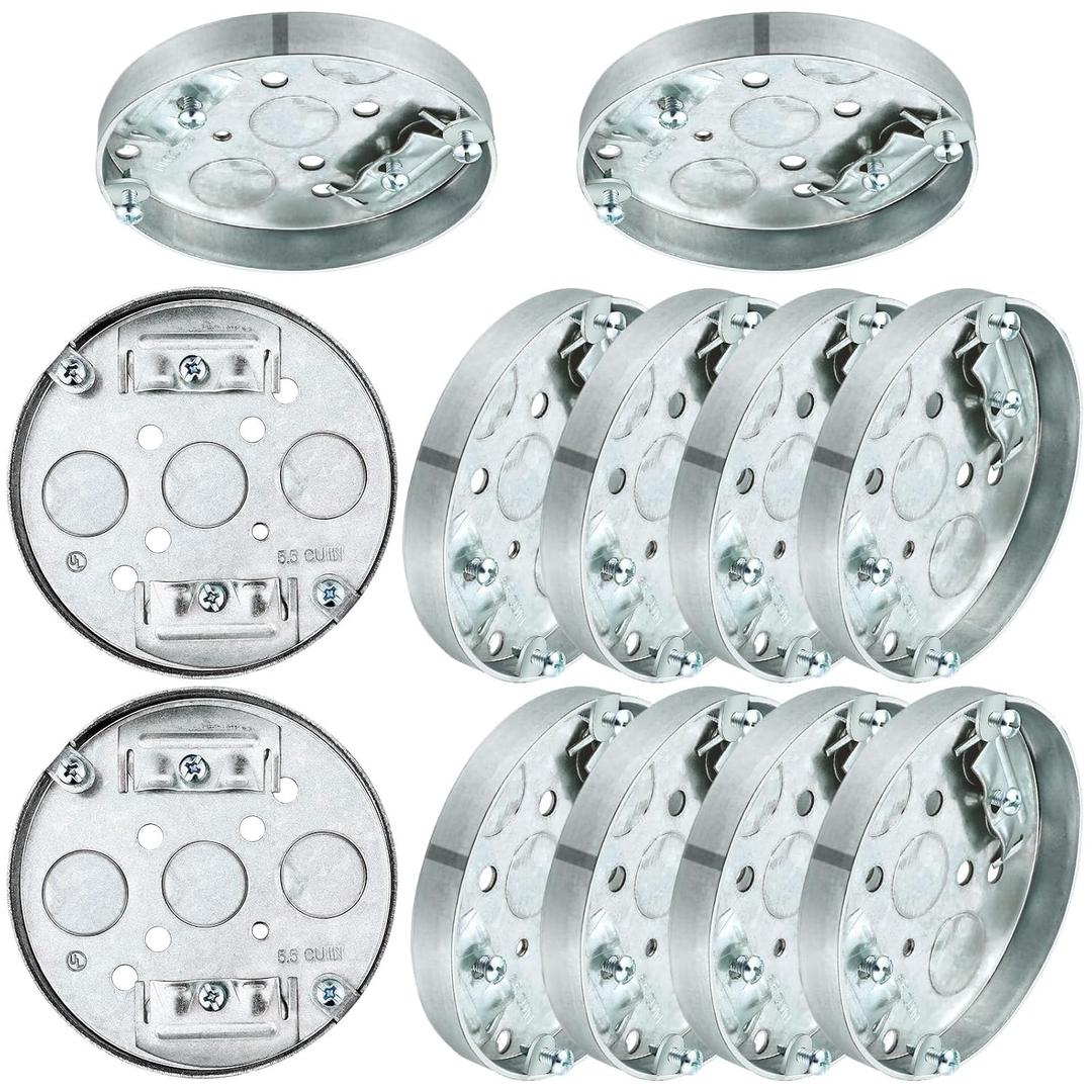 Hicarer 10 Pcs R 4" Round Shallow Electrical Box Pancake Electrical Ceiling Fan Box with 1/2" Deep 1/2" Bottom Knockout for Ceiling Fan Wall Lighting Fixture with Retaining Clip Galvanized Steel