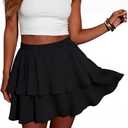 Lepunuo Boho Mini Skirts for Women Flowy Ruffle Tiered Skorts Skirts with Short Underneath with Pockets Beach Vacation (Black, L)