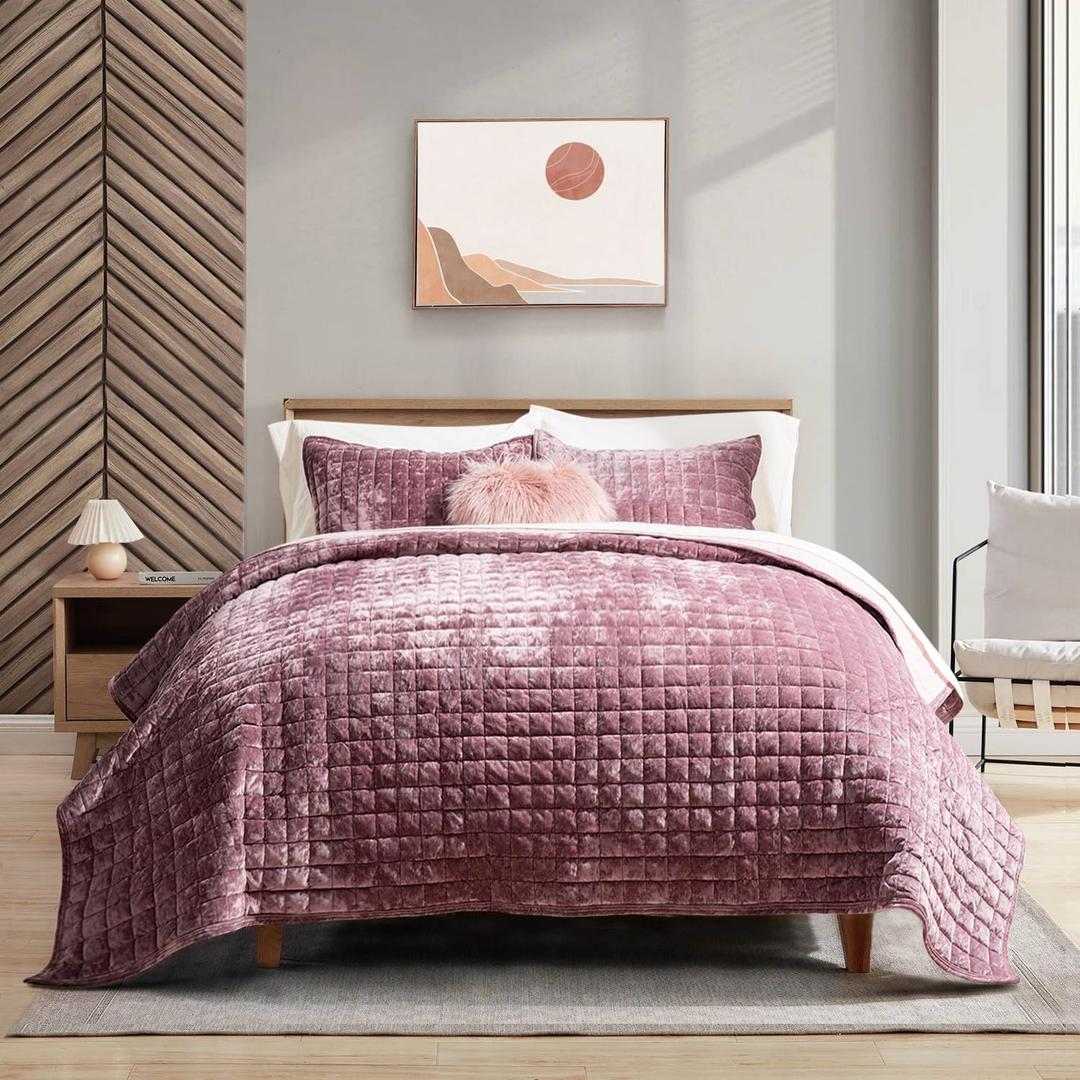 RECYCO Luxury Velvet Quilt Set Full Queen Size, Lightweight Velvet Comforter Set, Oversized Bedspread Coverlet Quilted Bedding Set, with 2 Matching Pillow Shams, for All Season, Dusty Mauve Pink