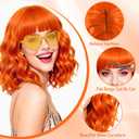 PLULON Orange Wavy Bob Wigs with Bangs Heart Sunglasses Hair Cap for Women, Colored Synthetic Hair Short Bob Loose Curly Shoulder Length Wigs for Costume Bachelorette Party Music Festival