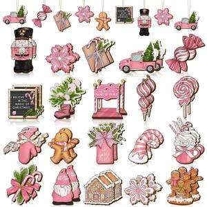 Huwena 40 Pcs Pink Christmas Wooden Ornaments Pastel Pink Christmas Decorations Gingerbread Gnome Nutcracker Peppermint Candy Wood Cutouts for Xmas Tree Wreaths Office Party Decor