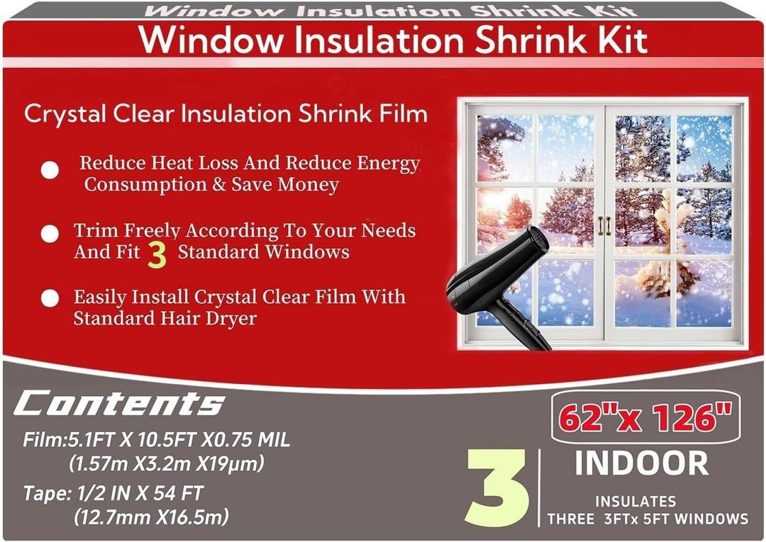 Indoor Window Insulation Kit, Clear Window Film Keeps Cold Drafts Out and Warm Air in (3W(62x126IN))