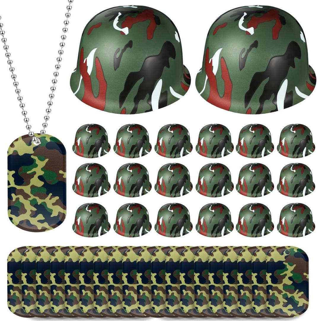 30 Pcs Army Party Favor Helmet Costume Includes Kid Plastic Camouflage Hats Military Dog Tags Chains