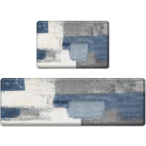 Anti-Fatigue Blue Grey Kitchen Rug Set of 2 Cushioned Abstract Rug for Floor, Art Standing Mat Waterproof Non-Slip Mat PVC Ergonomic Comfort Foam Kitchen Decor