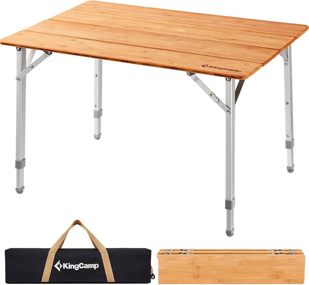 KingCamp Adjustable Height Folding Table, 4-Fold Bamboo Camping Outdoor Portable RV Camp Table with Carry Bag for Outdoor Car Backyard Picnic Tailgating Beach, 4 Fold Middle 25.6'' X 19.7''
