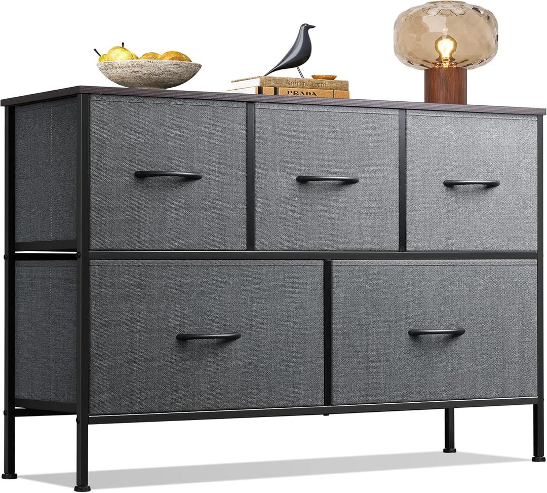 WLIVE Dresser for Bedroom with 5 Drawers, Long Storage Tower Organizer Unit, Fabric Dresser, Storage Drawer Unit with Fabric Bins for Closet, Hallway, Dark Grey, Size L (11.73"D x 39.37"W x 26.57"H)