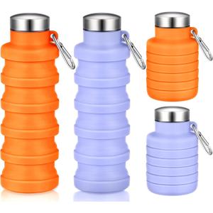 Baderke 2 Pcs Collapsible Water Bottles 17oz Silicone Travel Foldable Portable Water Bottle with Buckle Silicone Lightweight Reusable Leakproof for Camping Hiking Cycling Sport(Purple, Orange)