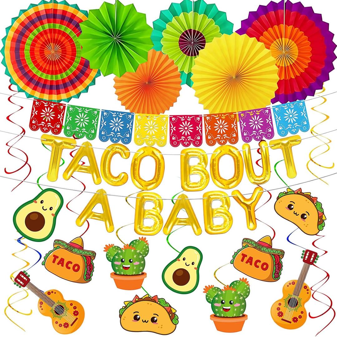 22Pcs Taco Bout a Baby Decorations Banners Paper Fans Hanging Swirls Mexican Fiesta Cinco De Mayo Birthday Baby Shower Party Decor Supplies