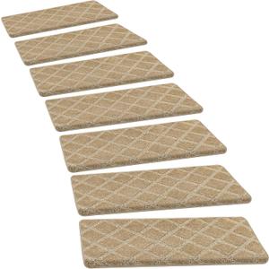 PURE ERA Bullnose Carpet Stair Treads Set Tape Free Non-Slip Indoor Stair Protectors Pet Friendly Rugs 9.5" x 30"(14 Pieces,Khaki Diamond Trellis)