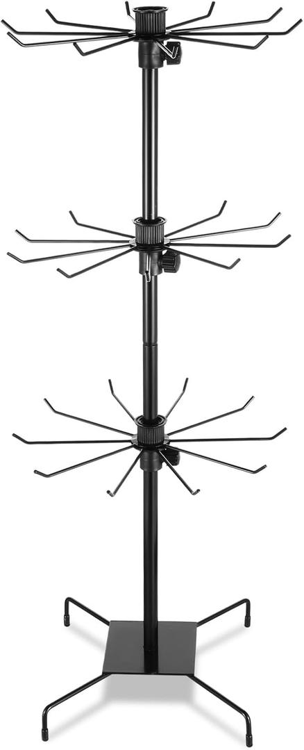 3 Tier Rotating Display Stand, Earring Display Rack, Black Metal Retail Display Stand with Hooks for Necklace, Bracelet, Earrings, and Keychains, Adjustable Height, 28.35 x 11.81 Inch