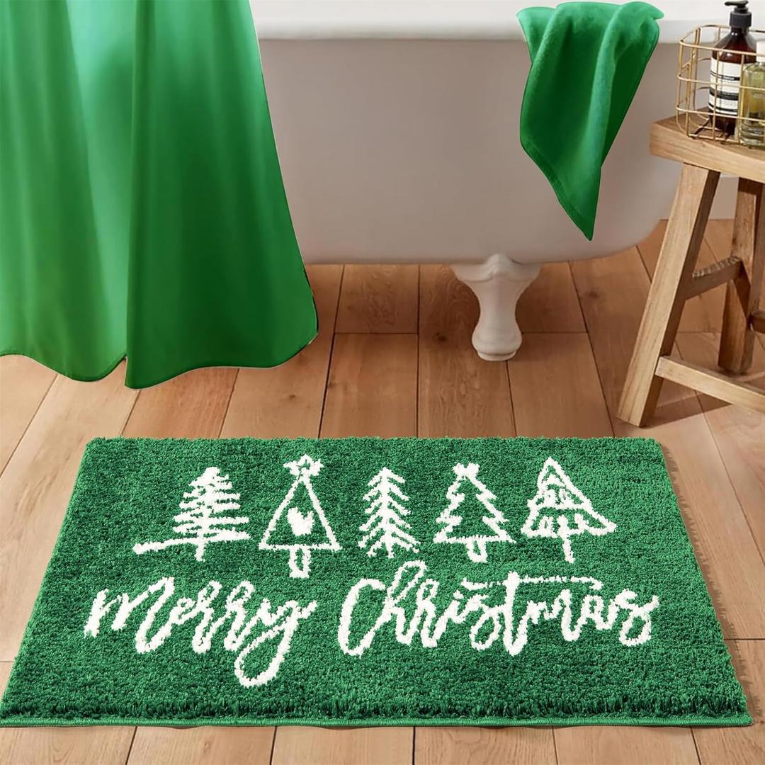 Merry Christmas Tufted Indoor Doormat Washable, Cute Green Modern Christmas Tree Bathroom Rugs Non Slip, Festive Xmas Holiday Winter 2x3 Throw Area Rugs for Kitchen Entryway