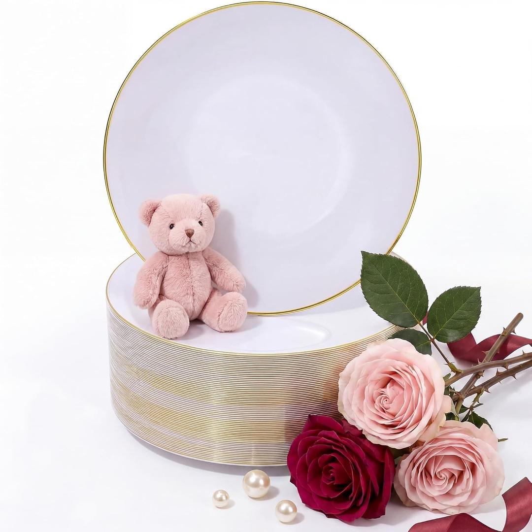 Nervure 100 Pieces Gold Plastic Plates - 10.25 inch Gold Dinner Plates - Heavyweight White and Gold Disposable Plates Ideal for Wedding & Party & Mothers Day