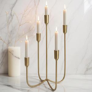 Candelabra for 5 Taper Candles  Hand-Forged Candle Holder with Elegant Vintage Finish  Decorative Centerpiece for Dining Room, Living Room or Mantel DecorBrass Color-Straight