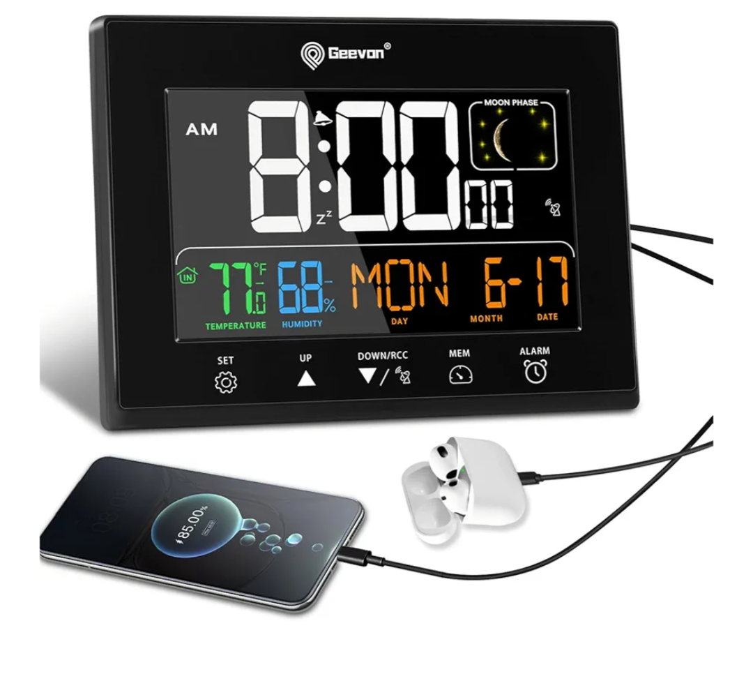 Geevon Digital Atomic Alarm Clocks for Bedrooms, Color VA Display Atomic Clock with Indoor Temperature and Humidity, DST, Dimmable Backlight, 2 USB Ports, Calendar, and Moon Phases
