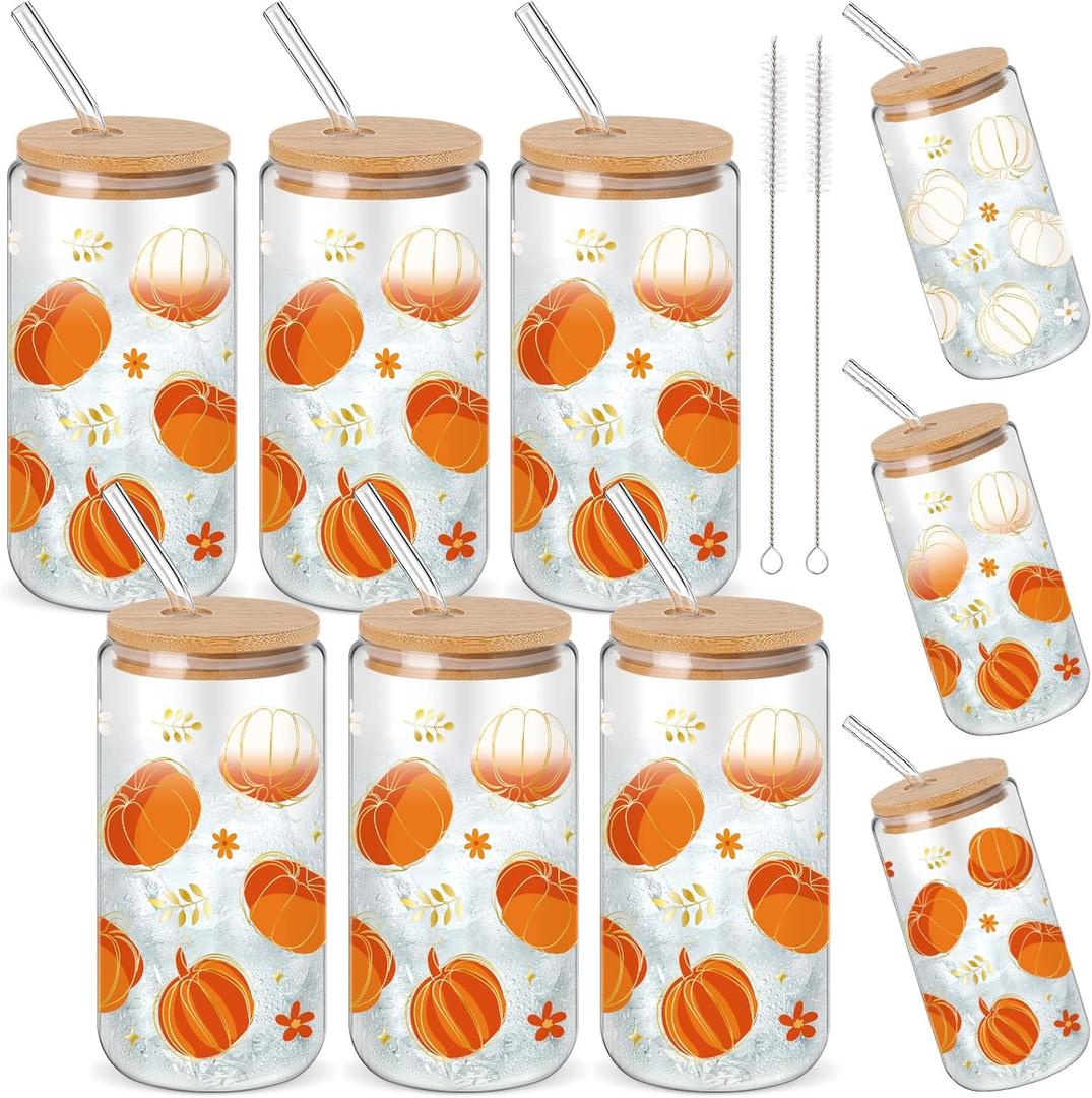 6 Pcs Thanksgiving Fall Glass Cups Gifts 16 oz Color Changing Pumpkin Glass Tumblers with Lids Straws Brushes Funny Fall Pumpkin Iced Coffee Cups for Autumn Halloween Party Gifts Supplies